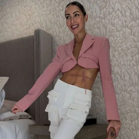 Zara Pink Stitch Detail Cropped Blazer - Picture 6 of 11